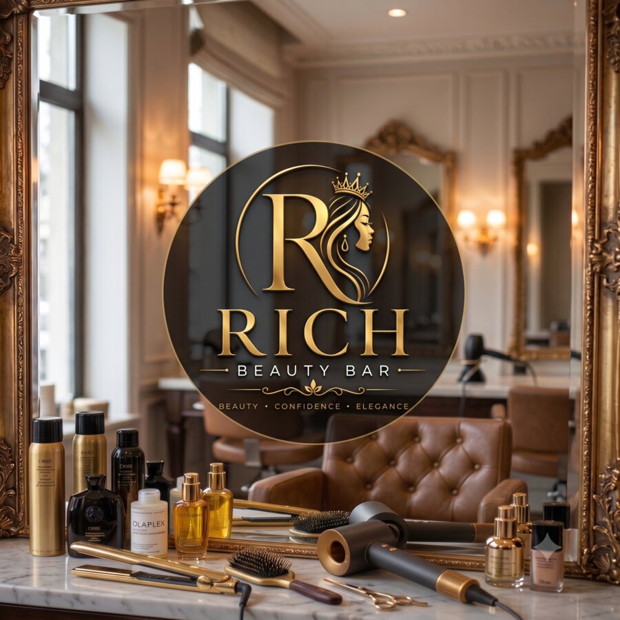 Rich Beauty Bar logo reflected in a luxury salon mirror surrounded by professional styling tools