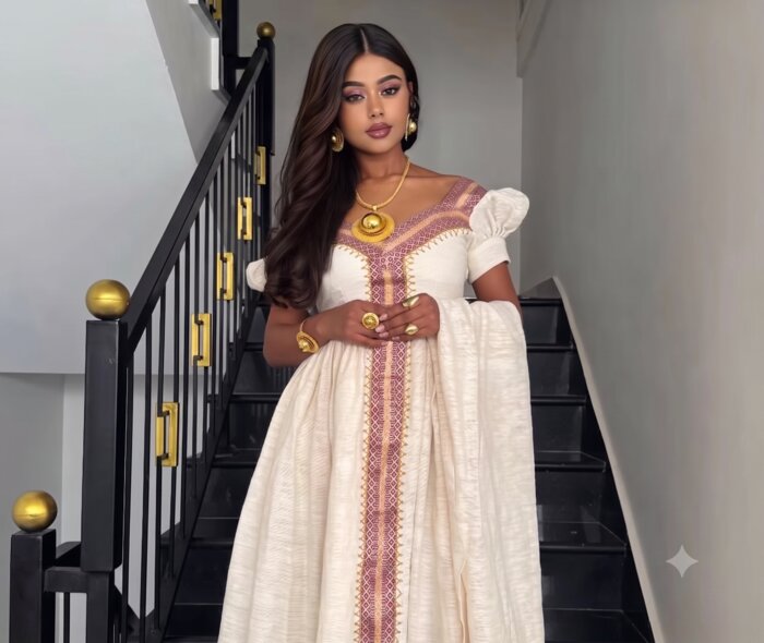 Traditional Habesha bridal dress with gold jewelry styling