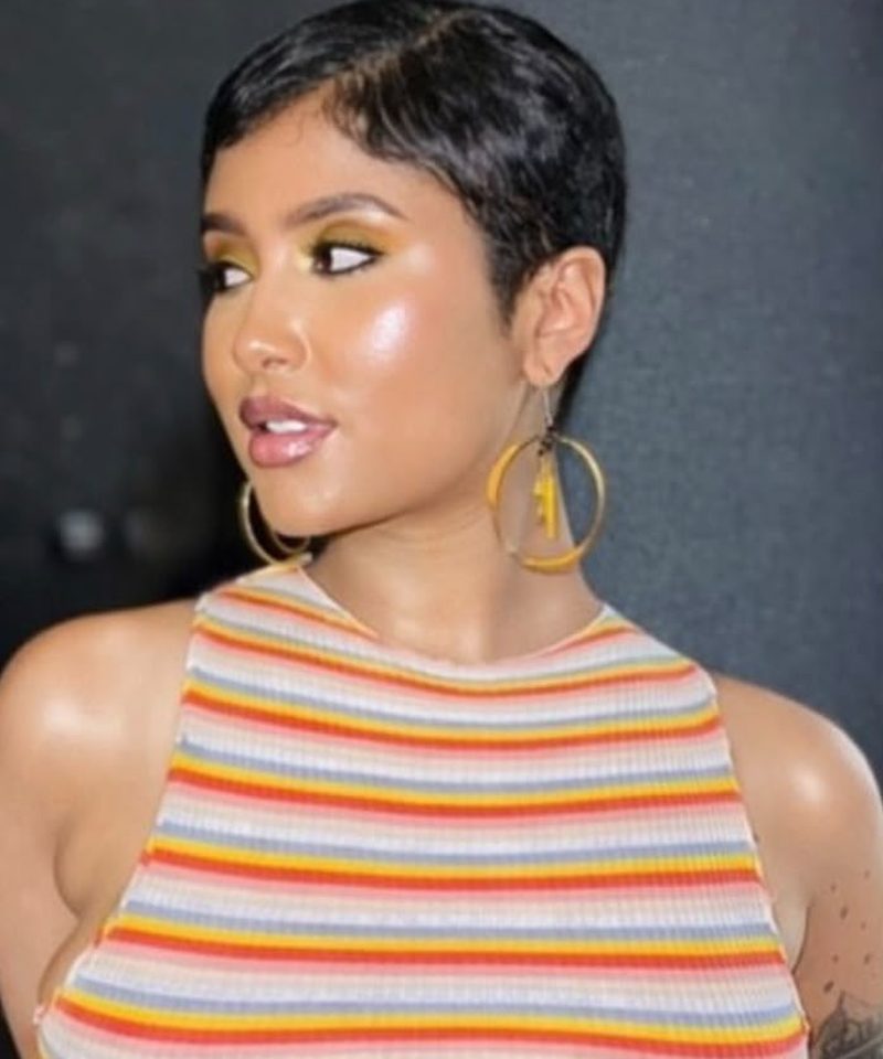 Natural short curl pixie with soft glam makeup