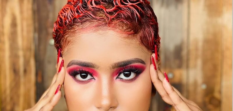 Fire red colored pixie cut styling